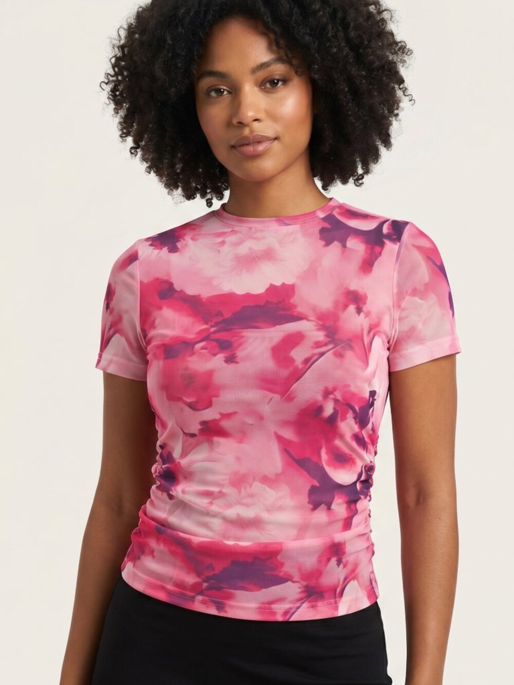 NWT | Pink Floral Mesh Top | Sheer Short Sleeve | Orchid Magenta | Small